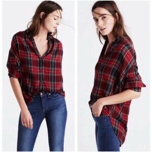 Madewell Women Small Central Tartan Plaid Button Down Flannel Shirt Wool Red